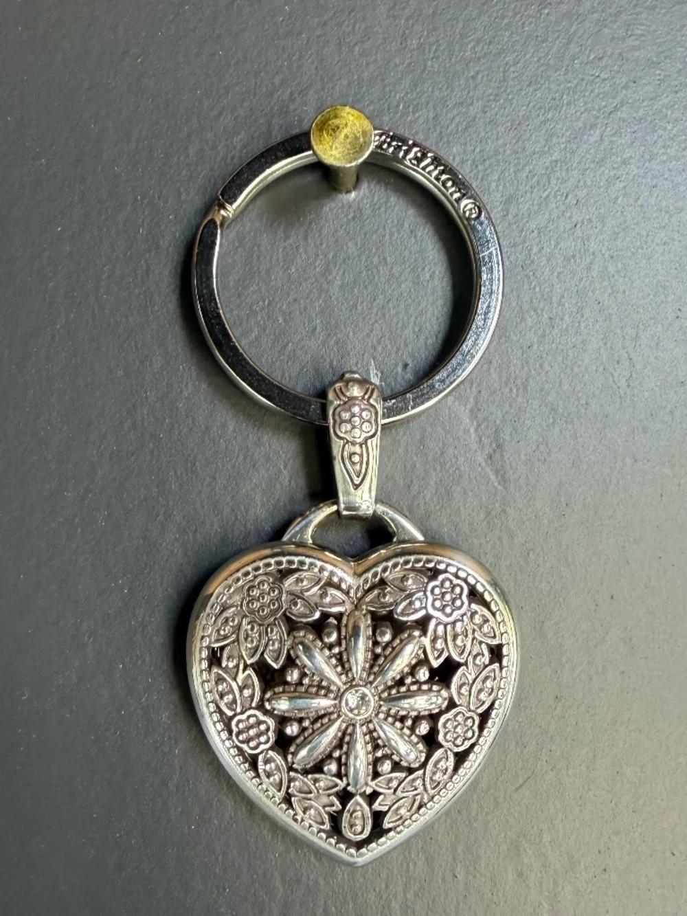 Brighton Floral Heart Locket Key Fob Silver PlatedKeychain Photo Holder